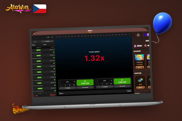 Alawin Casino Aviator app na notebooku a mobilu s rostoucím multiplikátorem