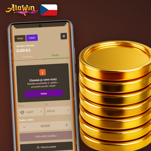 Alawin Casino výběr peněz – peněženka s bankovkami CZK a přehledem metod