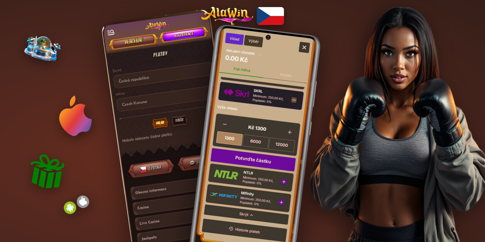 Rozhraní pokladny Alawin Casino s minimálním vkladem 500 Kč a promo kódem