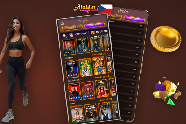 Hlavní obrazovka Alawin Casino iOS aplikace s kategoriemi her a přihlášením přes Face ID